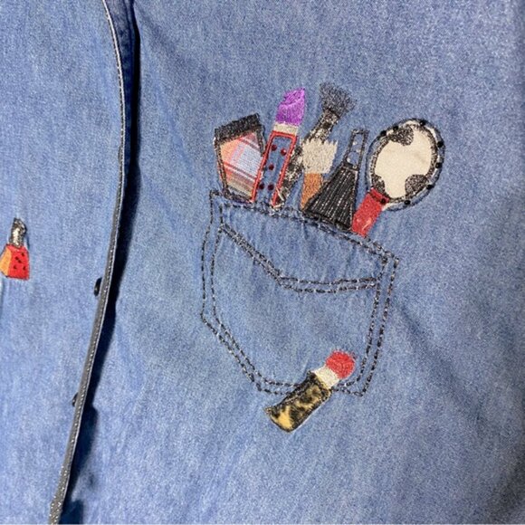 Vintage Bobbie Brooks Med Wash Denim Embroidered Button Up Top XL - Picture 6 of 15